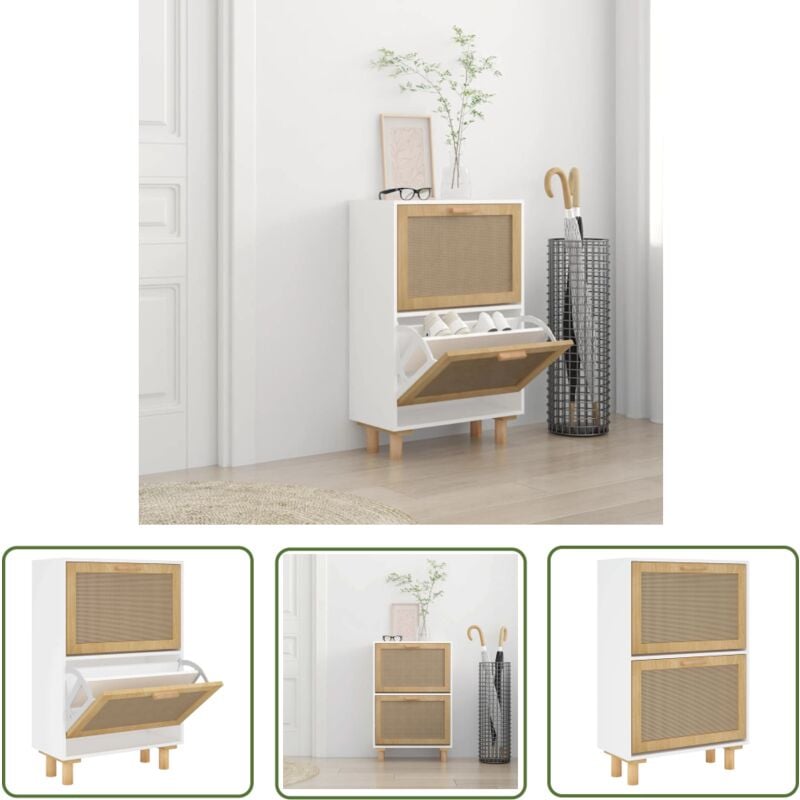 The Living Store Schuhschrank Weiß 52x25x80 cm Holzwerkstoff & Rattan Natur - Schuhschrank - Schrank - Garderobe - Etagenwohnung - Wohnungseinrichtung