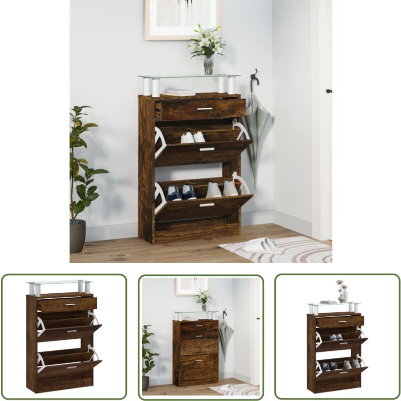 The Living Store Schuhschrank Räuchereiche 63x24x104 cm Holzwerkstoff - Schuhschrank - Schrank - Garderobe - Holzwerkstoffmöbel - Wohnraumorganisation
