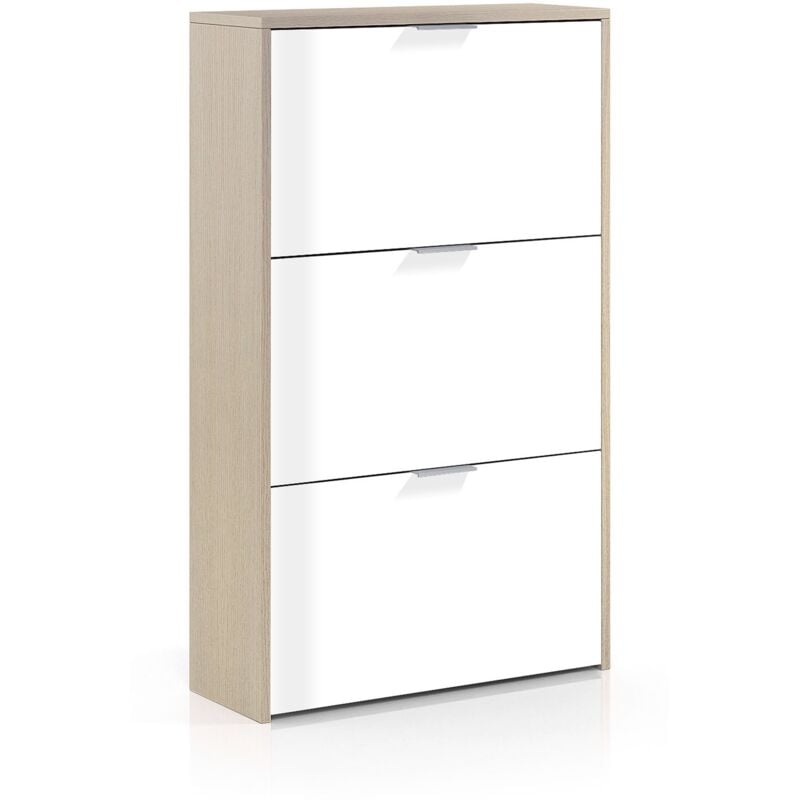 Schuhschrank Dcosta, Schuhschrank mit 3 Klapptüren, Schrank mit doppelter Kapazität für bis zu 18 Paar Schuhe, 70x17h180 cm, Eiche und glänzend Weiß