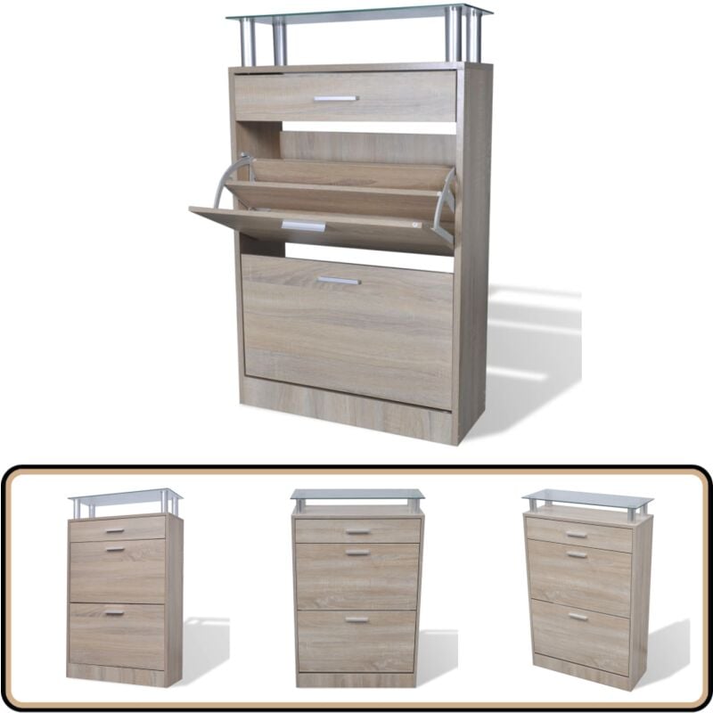 Schuhschrank mit Schubfach & oberes Glasregal Holz Eichenoptik - Holz Schuhschrank - Schuhschrank Mit Schubfach - Eichenoptik - Schuhregal - Garderobe