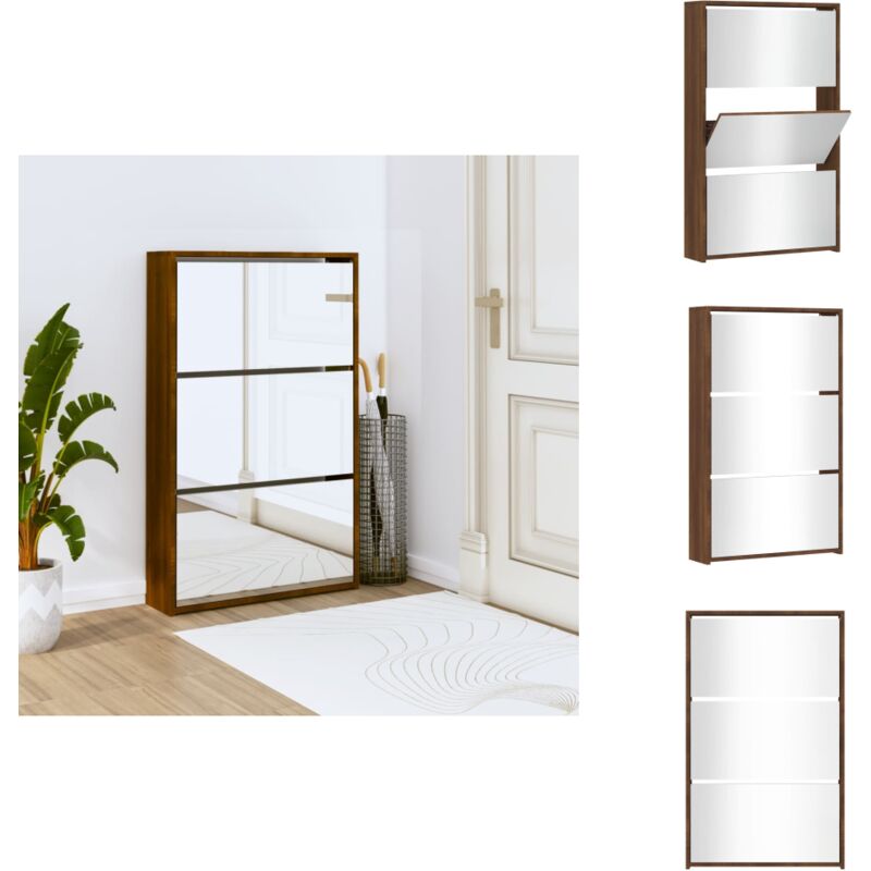 Vidaxl - Schuhschrank mit Spiegel 3 Fächer Braun Eichen-Optik - Schuhschrank - Schrank - Eiche Optik - Holzmöbel - Garderobe