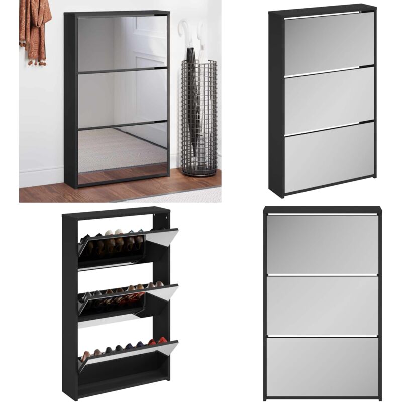 Schuhschrank mit Spiegel 3 Fächer Schwarz 63x17x102,5 cm - Schuhschrank - Schrank - Garderobe - Regal - Aufbewahrung - Home & Living