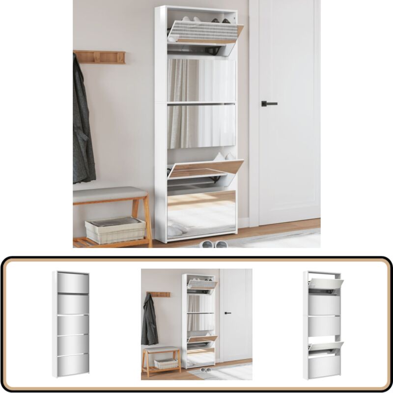 Vidaxl - Schuhschrank mit Spiegel 5 Fächer Hochglanz-Weiß 63x17x169,5 cm - Schuhschrank - Holzwerkstoffmöbel - Weißer Schrank - Garderobe - Schuhregal
