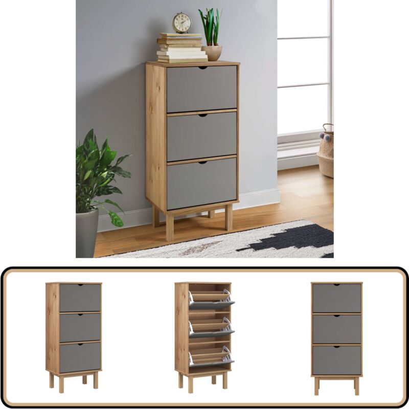 Vidaxl - Schuhschrank otta mit 3 Schubladen Braun&Grau Massivholz Kiefer - Holz Schrank - Schuhschrank - Garderobe - Einbauschrank - Kiefernholzmöbel