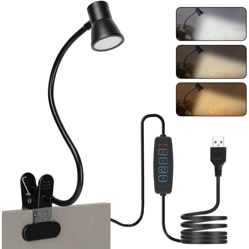 Schwanenhals Leselampe, Dimmbare Klemmlampe für Bett, Leselampe, Leselampe Bett Klemme, LED Schreibtischlampe Klemmbar mit 3 Farbtemperaturen & 10