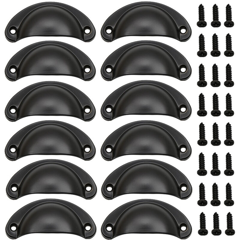 (Schwarz) 12er-Pack Vintage-Muschelgriffe, Vintage-Türgriffe aus Eisen mit Schrauben für Möbel, Kommoden und Küchenschränke