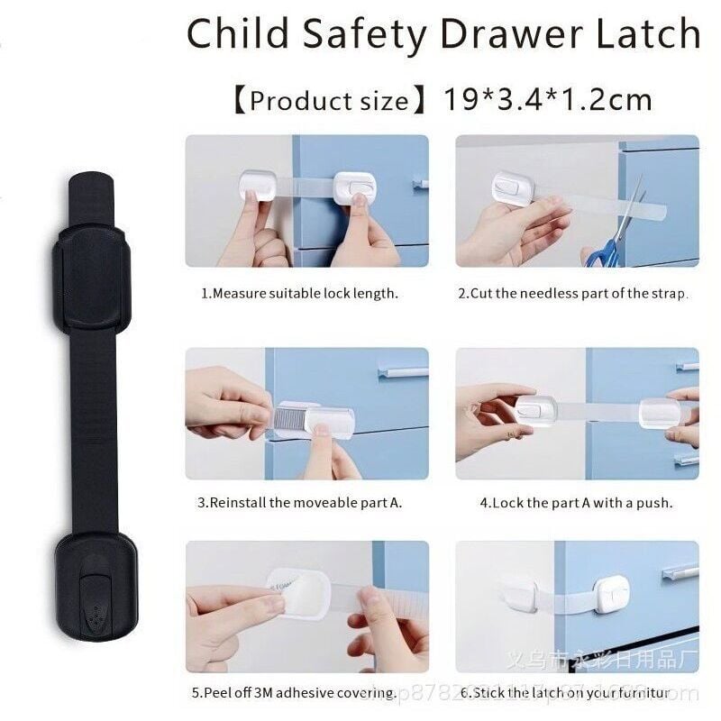 (schwarz) 6er-Pack Kindersicherungen, Schloss für Schränke, Toiletten, Küchen, Türen, Fenster, Kühlschränke, extra starker Klebstoff