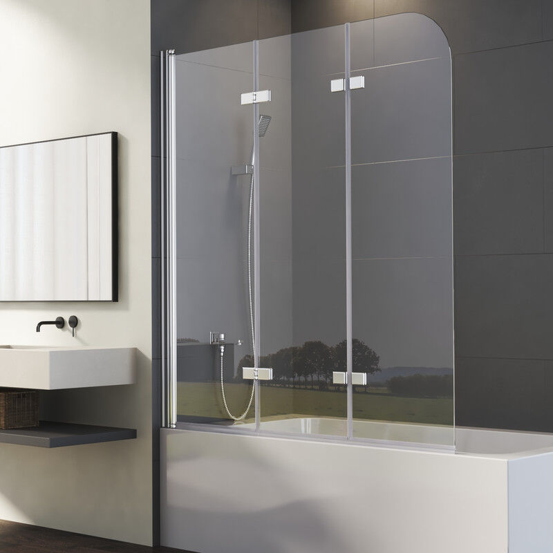 Boromal Badewannenaufsatz 130x140cm Duschwand für Badewanne 3 Teilig Badewannenfaltwand Duschabtrennung Badewanne 6mm NANO ESG Glas