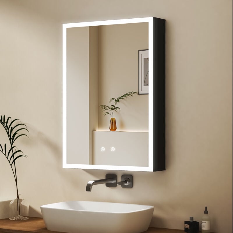 Schwarz Spiegelschrank Bad mit Beleuchtung 40x60cm, LED Spiegelschrank Bad-Hängeschränke Medizinschrank Badezimmerschrank mit Touch-Schalter, 3