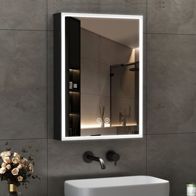 Schwarz Spiegelschrank mit Beleuchtung 40 x 60 cm, Bad-Hängeschränke Spiegelschrank Bad mit Beleuchtung Badezimmerschrank Medizinschrank mit