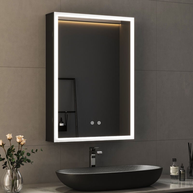Schwarz Spiegelschrank mit Beleuchtung 50 x 70 cm, Bad-Hängeschränke LED Spiegelschrank Bad mit Beleuchtung Badezimmerschrank Medizinschrank mit