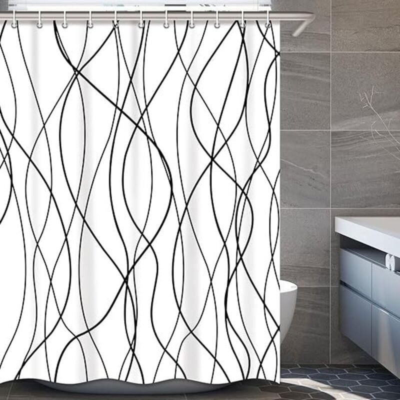Schwarz-weiß gestreifter Duschvorhang aus Stoff mit gewellten Linien für das Badezimmer mit 12 Haken, 78 Zoll langer Duschvorhang für das Badezimmer,