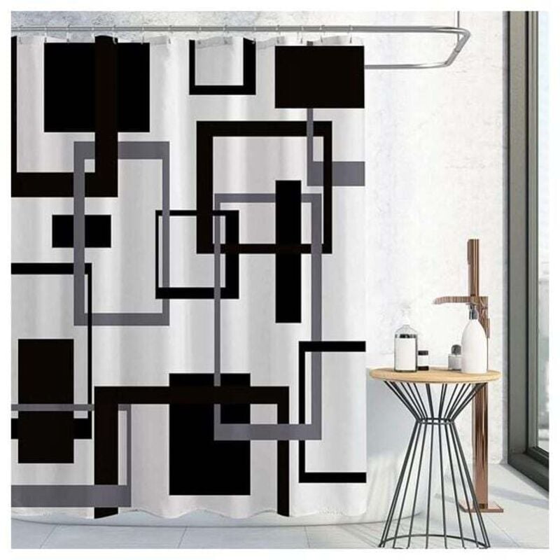 Schwarz-weißer Duschvorhang, Schwarz-Grauer geometrischer Stoff-Duschvorhang-Set, Mid Century Modern Abstrakter Minimalistischer Wasserdichter
