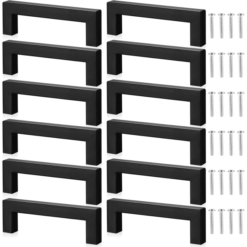 Schwarze Edelstahl-Möbelgriffe, 96 mm, 12er-Set, für Küche, Bad, Schränke und Kleiderschränke, modernes, gebürstetes Finish