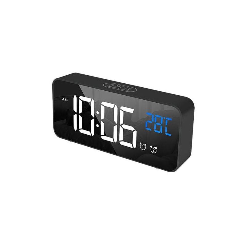 SNQ - Schwarzer digitaler Wecker, LED-Digitalwecker, digitaler Sonnenaufgang/Schlaf/2 Wecker/12/24 Stunden/USB-Ladeanschluss/13 Lieder