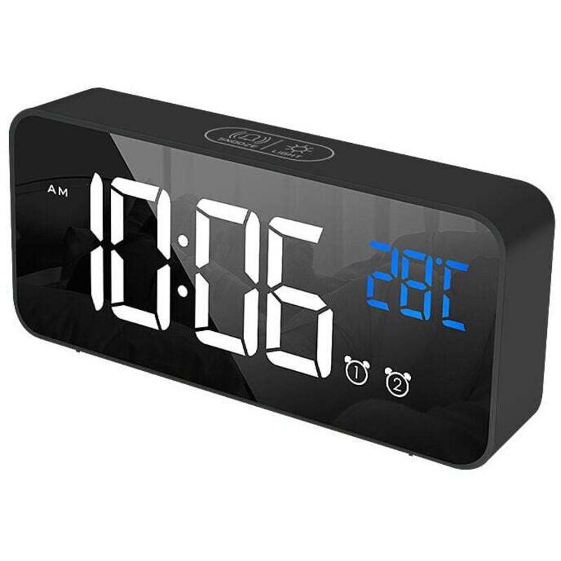 Schwarzer digitaler Wecker, LED-Digitalwecker, digitaler Sonnenaufgang/Schlaf/2 Wecker/12/24 Stunden/USB-Ladeanschluss/13 Lieder