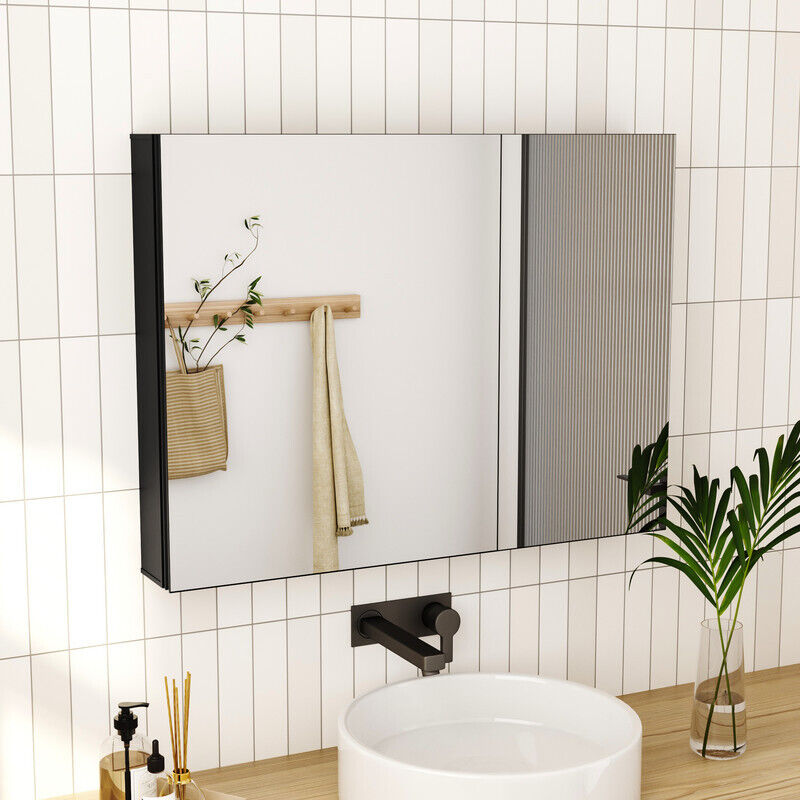 Schwarzer Doppeltür Spiegelschrank mit Innenspiegel 80x60cm Spiegelschränke Medizinschrank Badschrank Badezimmer Spiegelschrank Bad mit Spiegel und