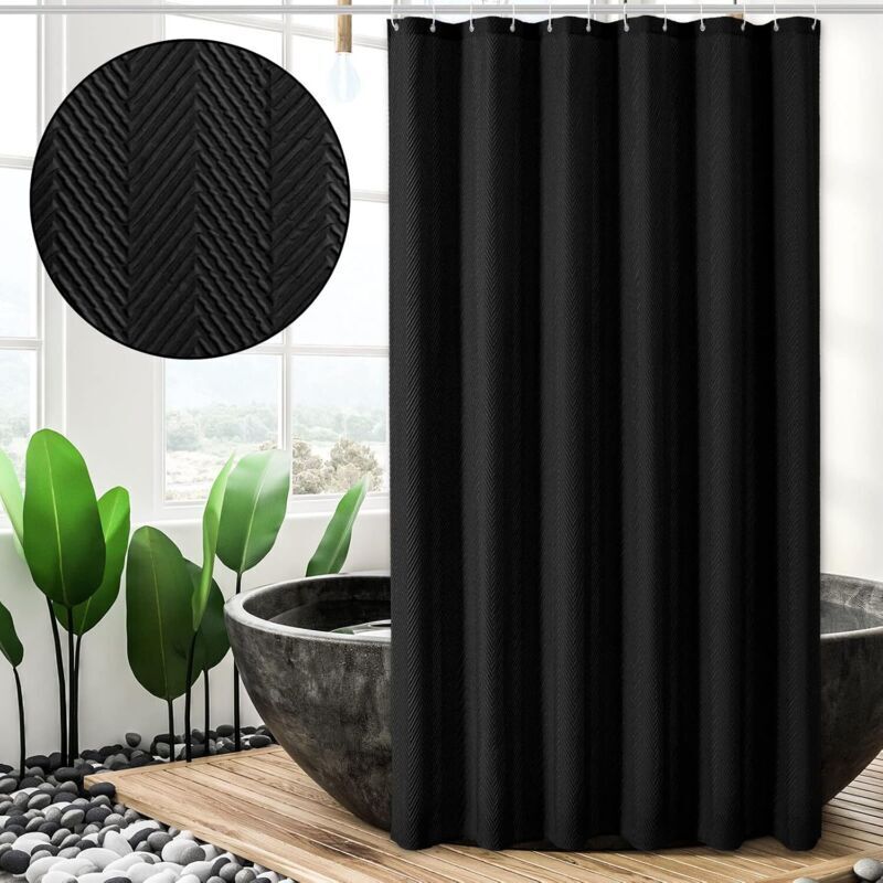 Schwarzer Duschvorhang, Duschvorhang aus 3D-geprägtem Fischgrätmuster, modernes Badezimmerdekor im Landhausstil, Duschvorhang-Set aus weichem Stoff