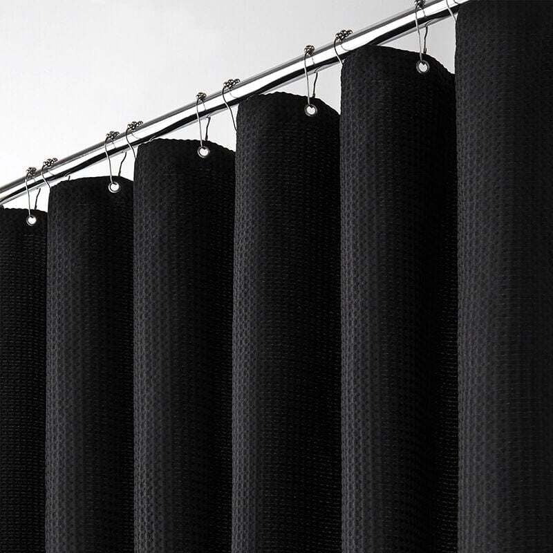 Schwarzer Waffel-Duschvorhang mit Metallring, 180–200 cm, Duschvorhang, Anti-Schimmel-Stoff, Duschkabine, strapazierfähiger Badezimmer-Duschvorhang