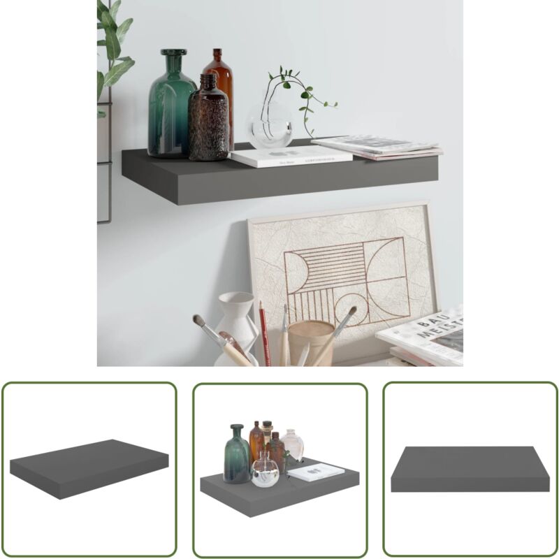 The Living Store Schwebendes Wandregal Hochglanz-Grau 40x23x3,8 cm mdf - Schwebendes Regal - Wandregal - Grau - Wohnraumdeko - Möbel