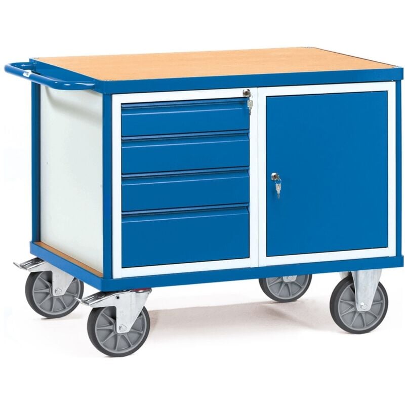 fetra Werkstattwagen, Ladefläche 1050 x 700 mm, Holz-Plattform, verschließbarer Stahlschrank, 4 Schubladen
