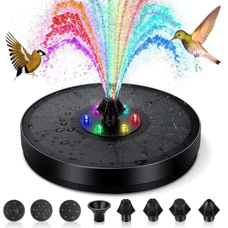 Schwimmender Solarbrunnen für den Außenbereich, 3-W-Solar-Teichpumpe mit Akku, farbigen LED-Leuchten und 7 Düsen, für Garten, Vogeltränke,