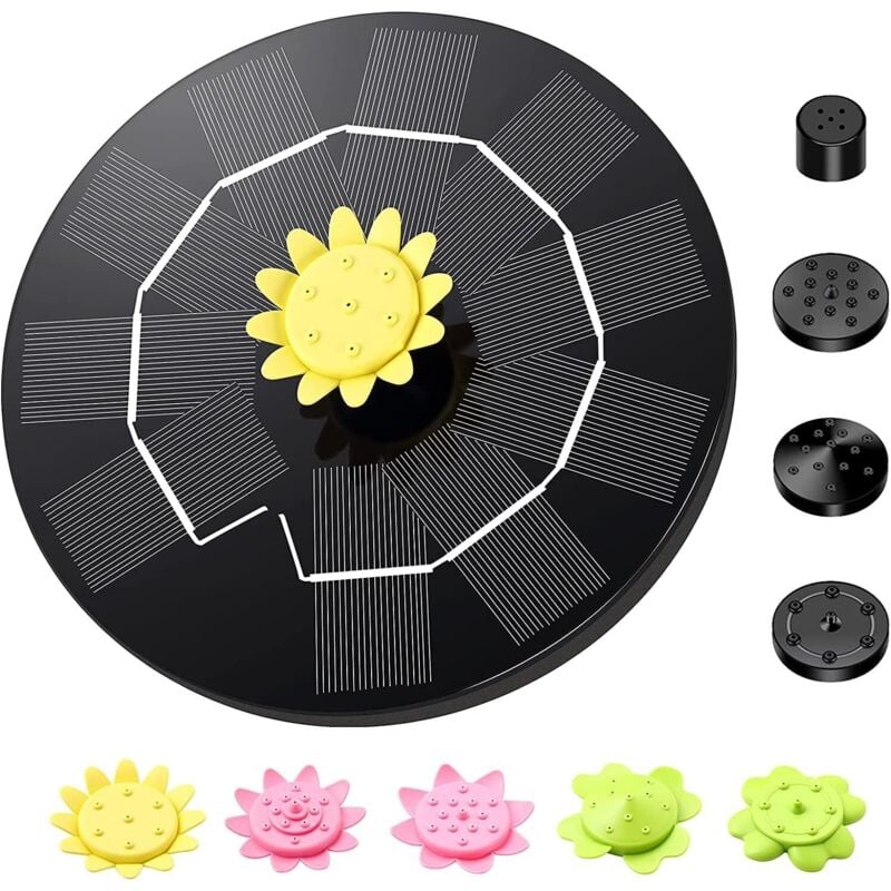 Schwimmender Solarbrunnen, Solar-Teichpumpe mit 9 Düsen, Mini-Brunnenpumpe 1,4 W, Gartendekoration, runder Brunnen für Vögel, Fische, Schwimmbad,