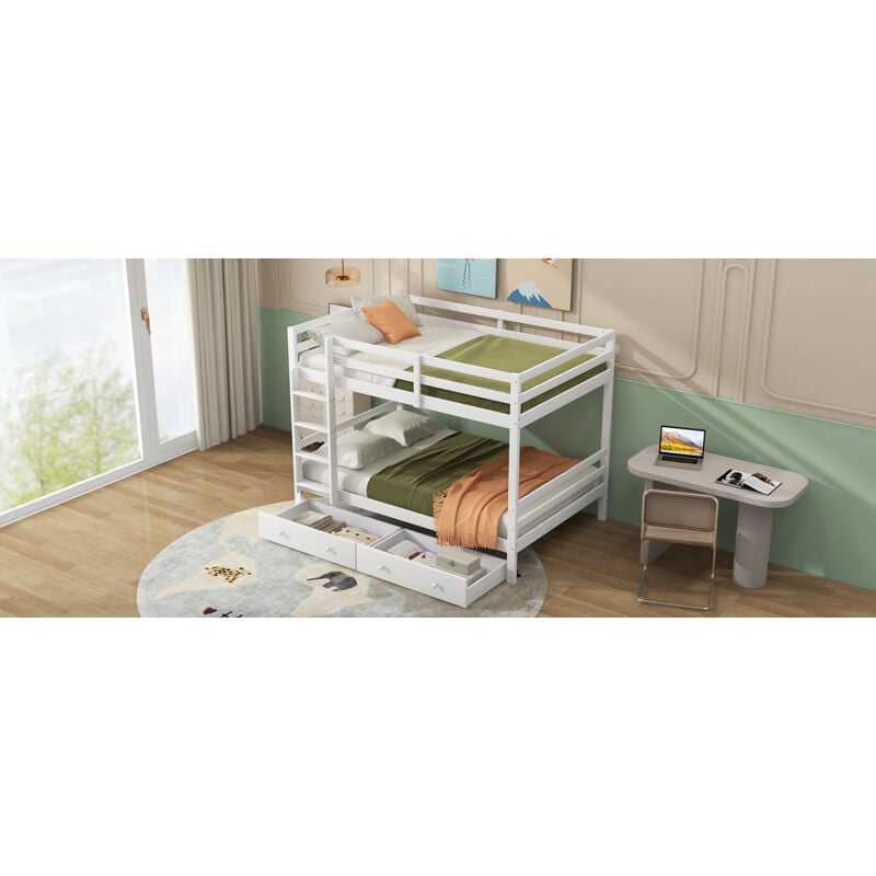 Okwish - Etagenbett Kinderbetten mit Schubladen, Stauraum, Hohe Geländer, Weiß ,140200cm