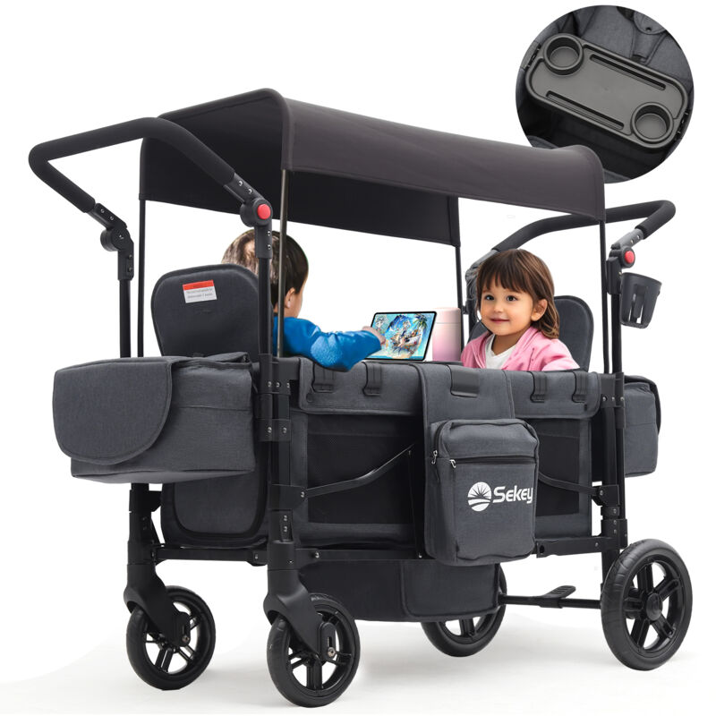 Bollerwagen für Kinder zum Sitzen, Bollerwagen Faltbar Kinderwagen für 2 Kinder, mit 2 integrierten 5-Punkt-Gurtsystem, Schwarz - Sekey