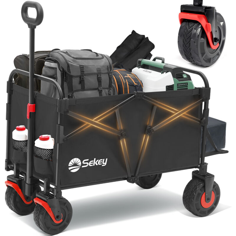 Sekey Faltbarer Bollerwagen 200 kg, mit Heckklappe und breiten Blasformrädern für den Strand, Schwarz