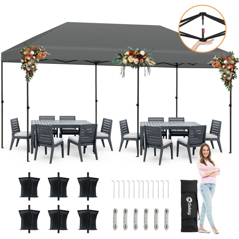 Faltpavillon 3 x 6 m Pop Up Pavillon Partyzelte Festzelt Gartenzelt Wasserdicht, UV-Schutz 50+ für Camping / Garten / Hochzeit, Grau - Sekey