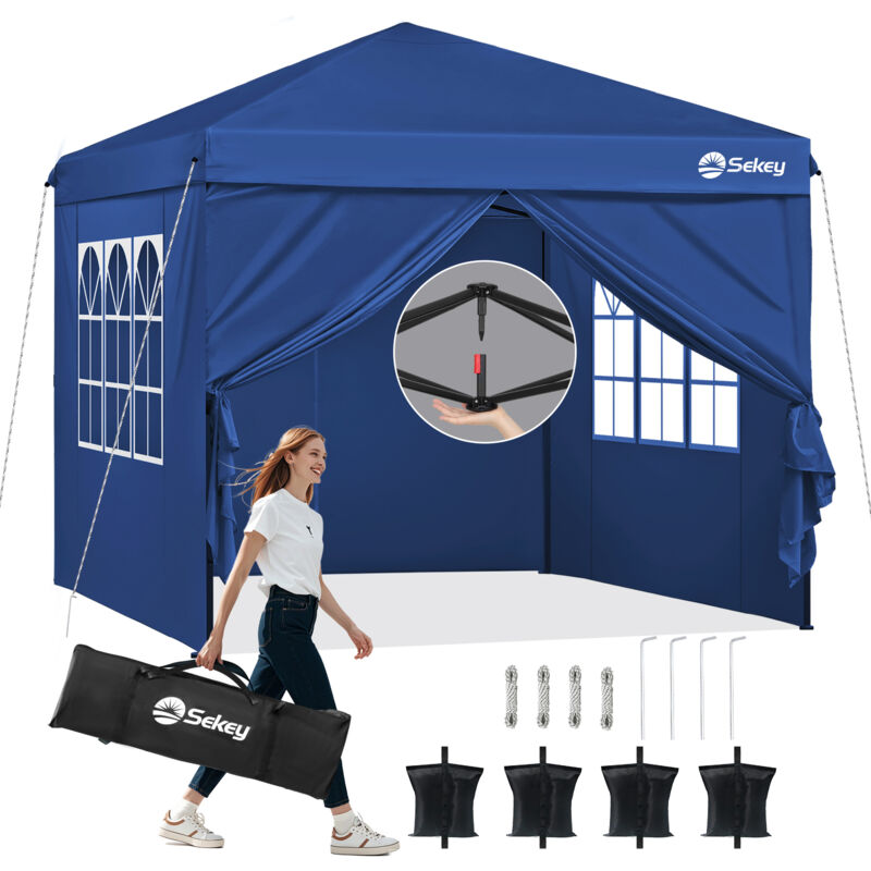 Pavillon 3 x 3 m mit 4 Seitenteile, Faltpavillon Pop Up Pavillon Faltbar - mit 7 Sandsäcke - Wasserdicht Stabil Winterfest, Navy - Sekey