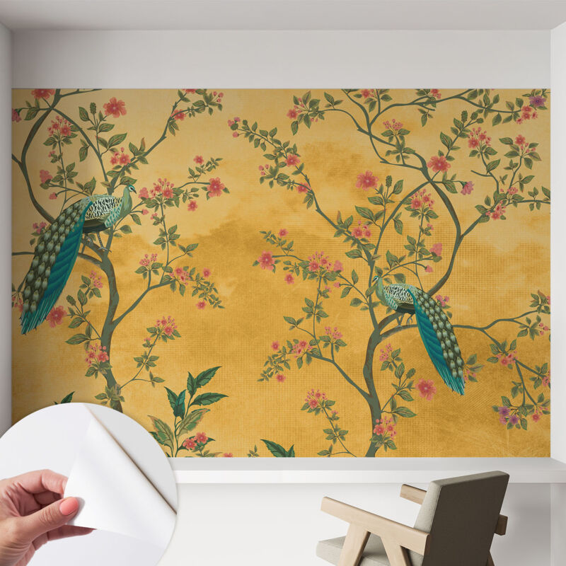 Selbstklebend Tapete - abwaschbar - Raumgestaltung Schlafzimmer Wohnzimmer Tapete Pfauenbäume 152x104 cm