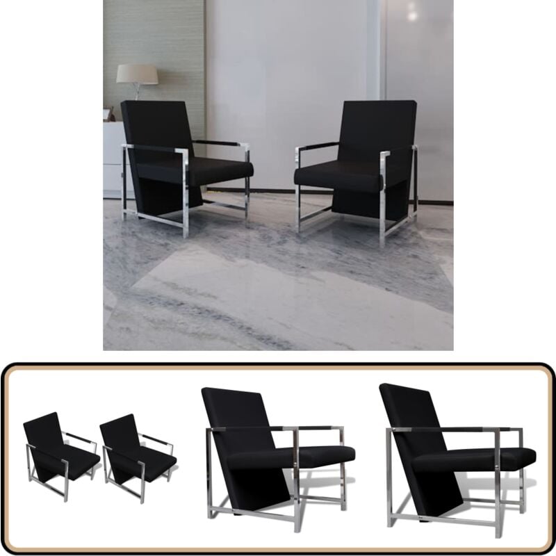 Sessel 2 Stk. Verchromtes Gestell Schwarz Kunstleder - Schwarze Sessel - Designer Sessel - Esszimmerstuhl - Lounge Sessel - Wohnzimmersessel