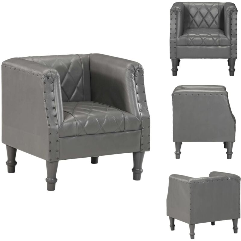 Sessel Grau Echtes Ziegenleder - Ledersessel - Vintage Stil - Grau - Sessel - Lounge Chair