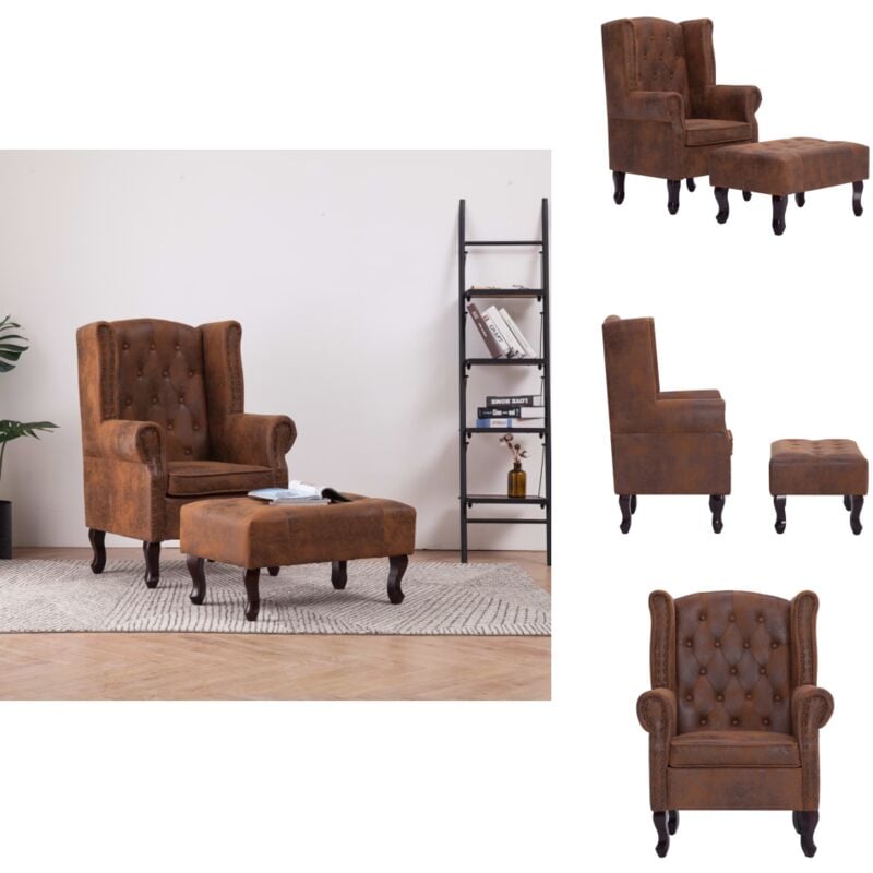 Chesterfield-Sessel und Fußhocker Braun Wildleder-Optik - Chesterfield Sessel - Leder Optik Sessel - Wohnraum Dekoration - Bequemes Sofa - Wildleder