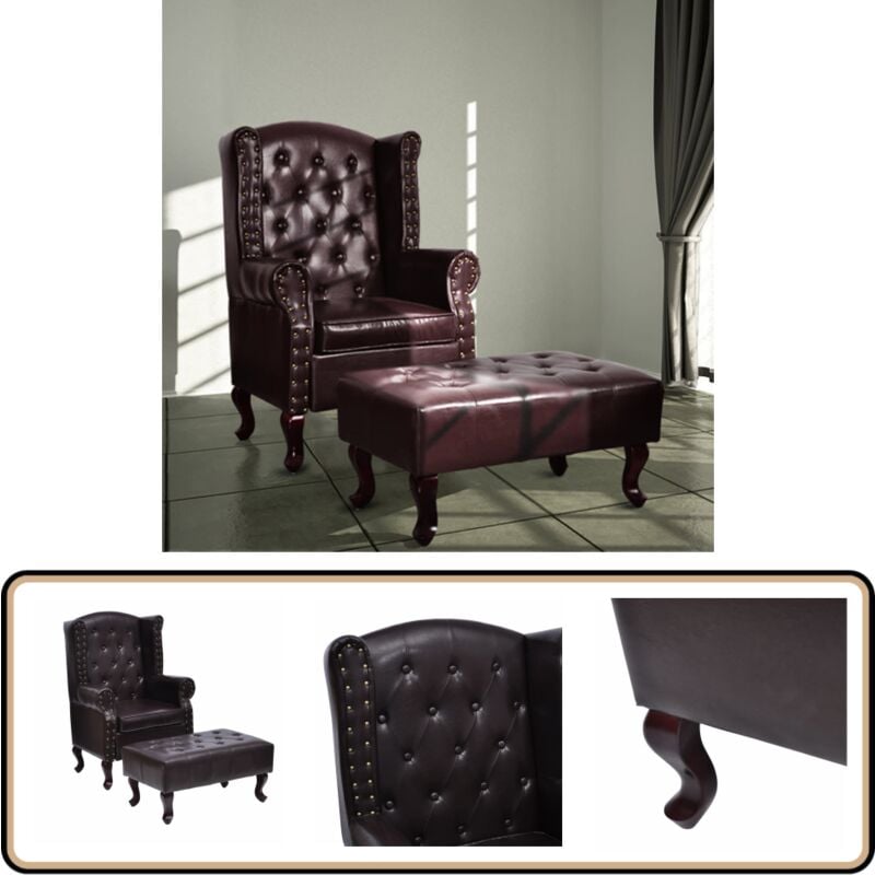 Sessel mit Fußhocker Dunkelbraun Kunstleder - Chesterfield Sessel - Leder Sessel - Wohnzimmersessel - Lounge Sessel - Beistelltisch