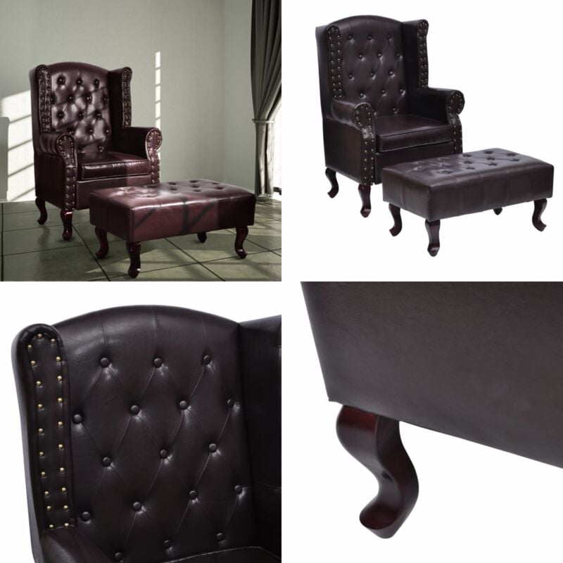 Sessel mit Fußhocker Dunkelbraun Kunstleder - Chesterfield Sessel - Leder Sessel - Wohnzimmersessel - Lounge Sessel - Beistelltisch - Home & Living