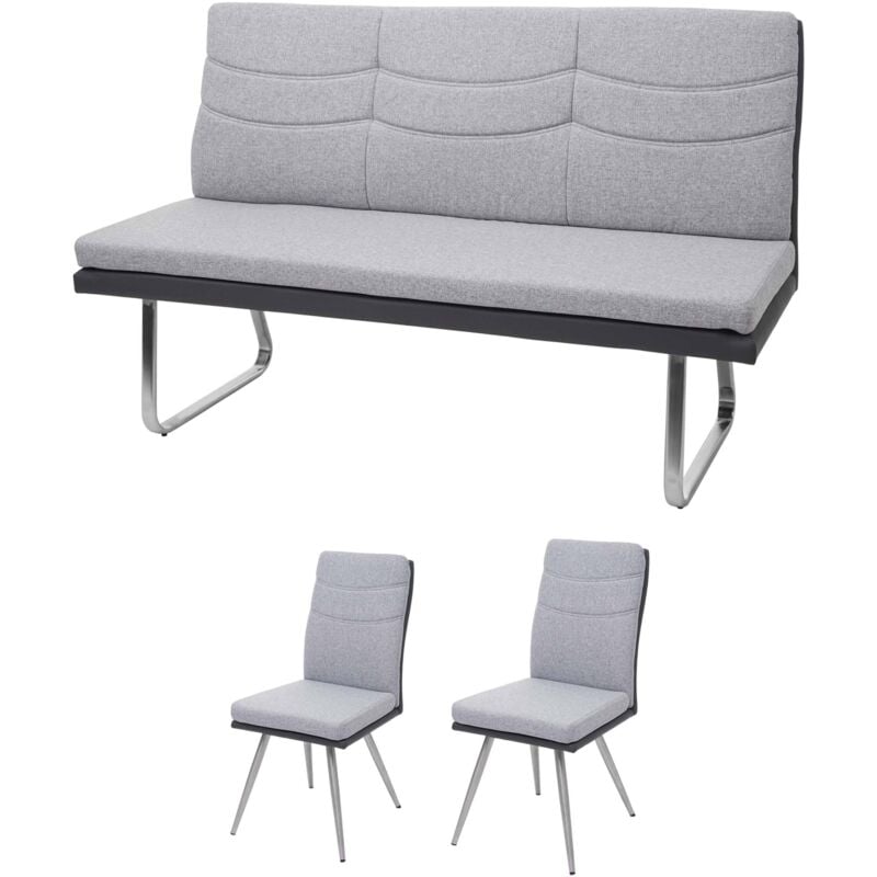 Set 2x Esszimmerstuhl+Sitzbank HHG-705, Bank Küchenstuhl Stuhl, Stoff/Kunstleder Edelstahl grau Bank 160cm