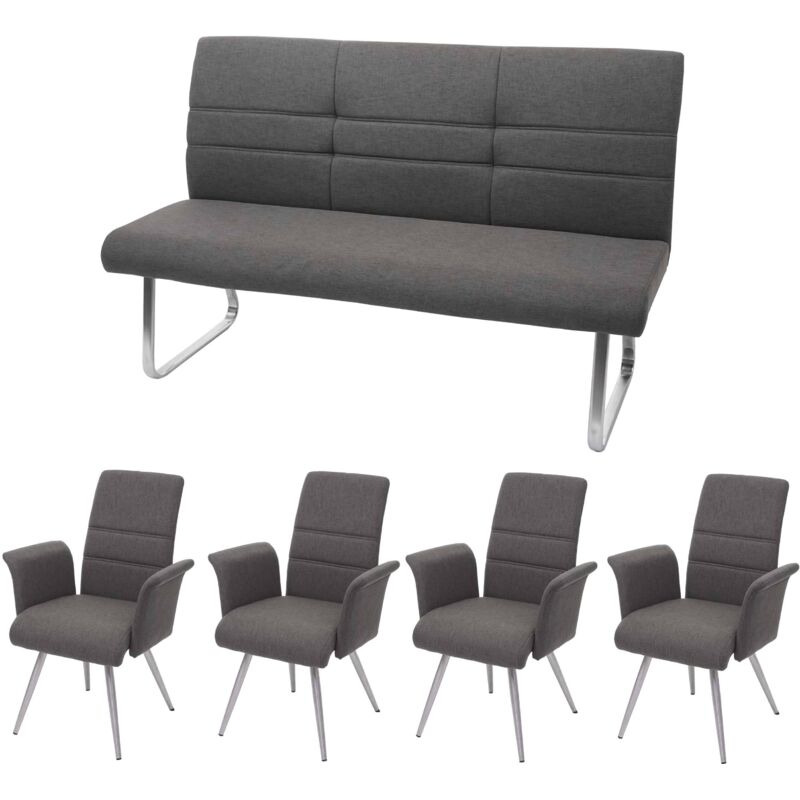 Set 4x Esszimmerstuhl+Sitzbank HHG 709, Bank Küchenstuhl Stuhl+Armlehne, Stoff/Textil Edelstahl grau-braun Bank 160cm