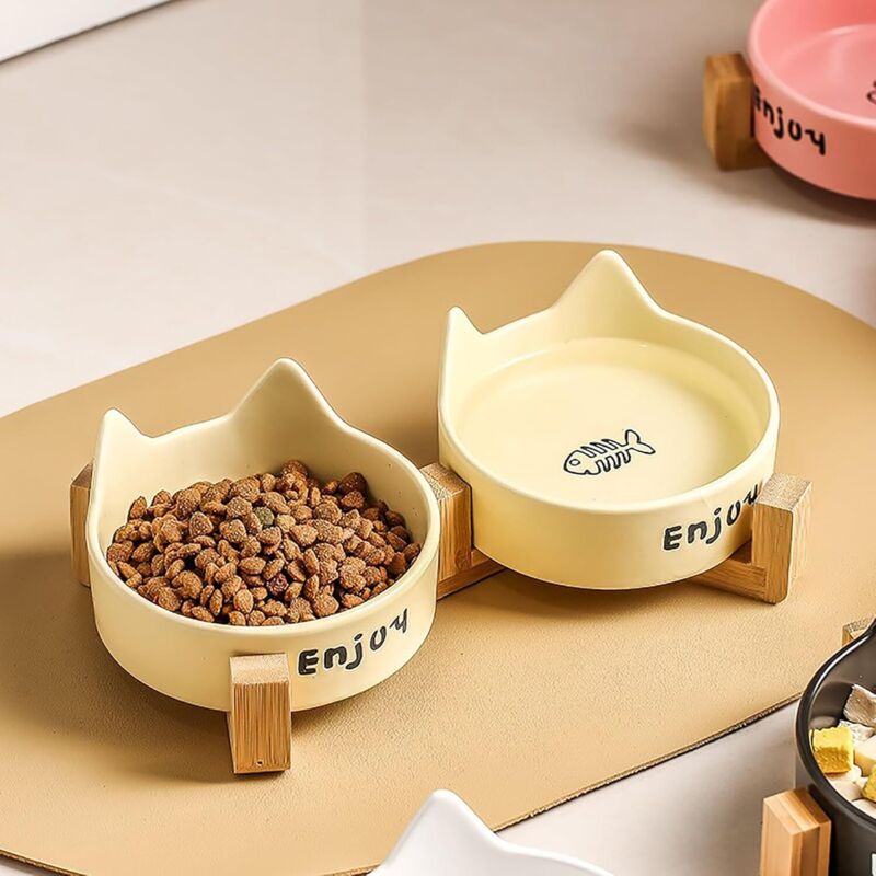 Set aus 2 Keramik-Katzentoiletten mit Holzständer, Futter- und Wassernapf für Katzen, ungiftiger Haustiernapf, Futter- und Wasserset für Katzen und