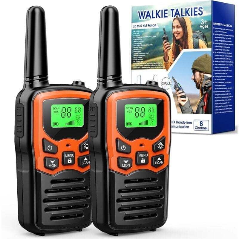 Set aus 2 Walkie-Talkies mit großer Reichweite (8 km), Campingzubehör, Walkie-Talkies für Erwachsene und Kinder, Funkgerät, Jagdgerät, mit