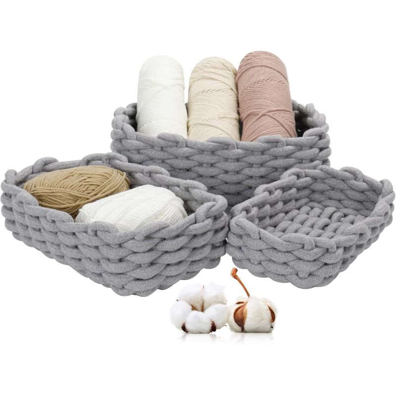 Set aus 3 geflochtenen Seilkörben, grau, zur Dekoration von Wickeltisch, Badezimmer oder Schlafzimmer.