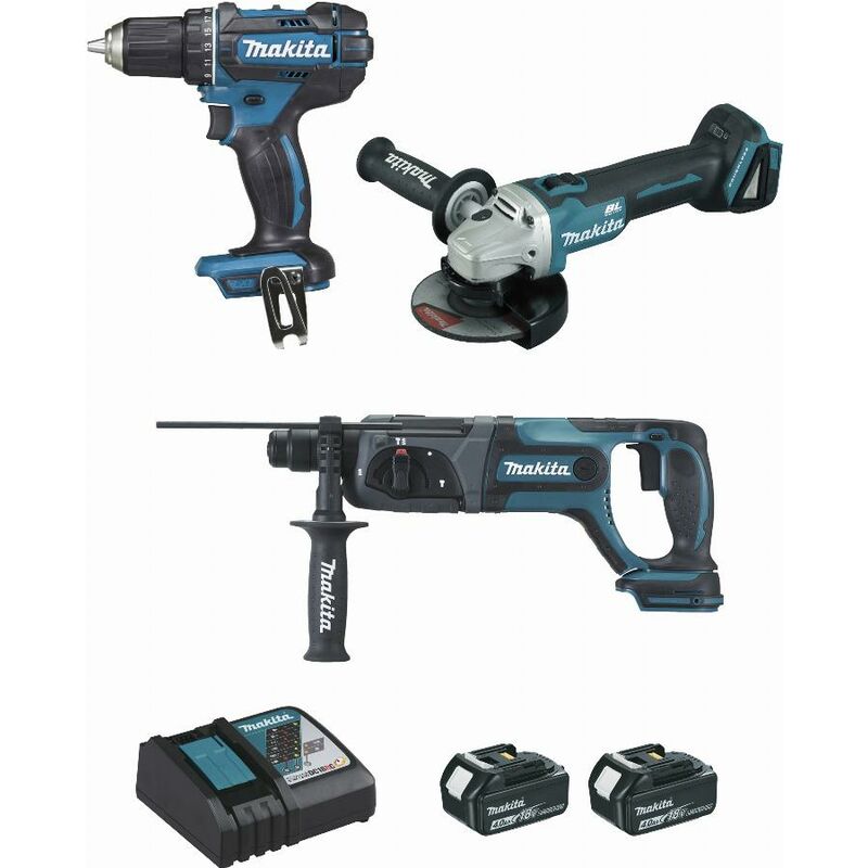 Makita - Set mit 3 Maschinen 18 v Li-Ion 4 Ah Bohrmaschine DDF482 + Schleifmaschine DGA504 + Perfo DHR241 – 2 Akkus, Ladegerät, Box – DLX3078MJ