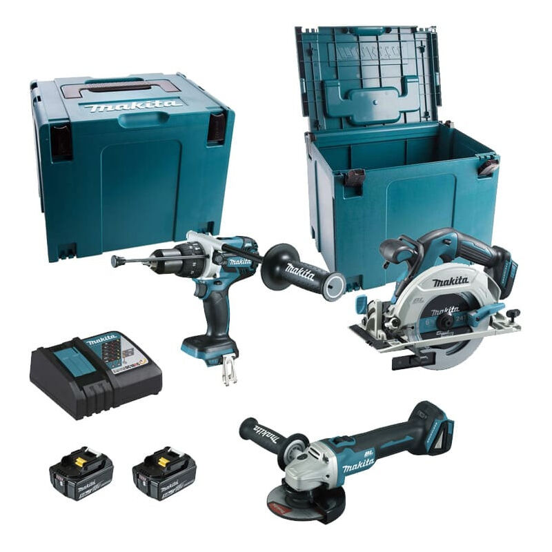 Makita - Set aus 3 Maschinen 18 v Li-Ion 5 Ah Bohrmaschine DHP481 + Schleifmaschine DGA506 + Säge DHS680 - 2 Batterien, Ladegerät, Koffer - DLX3095PTJ