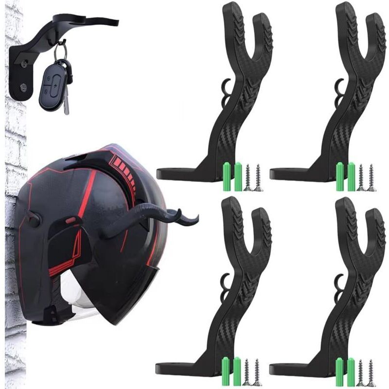 Set aus 4 Wandhalterungen für Motorradhelme, die auch Platz für Handschuhe, Schlüssel, Jacken und Rucksäcke bieten.