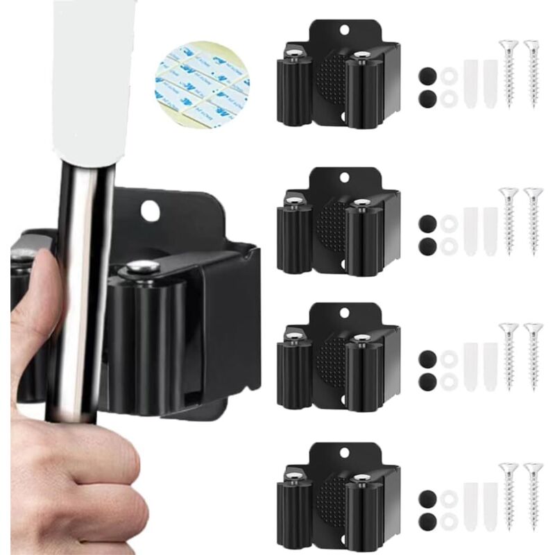 Set aus 4 wandmontierten Besen- und Bürstenhaltern aus robustem Edelstahl mit Schrauben, Organizer für Gartengeräte im Freien.