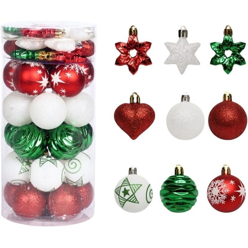 Set aus 41 unzerbrechlichen roten und weißen Weihnachtskugeln, zur Dekoration im Innen- und Außenbereich, mit der Aufschrift „Merry Christmas“.