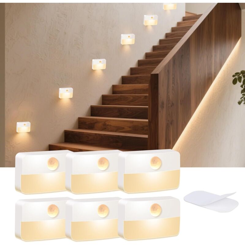Set aus 6 batteriebetriebenen 3000K LED-Treppenleuchten mit Bewegungsmelder, für Kleiderschränke, Flure und Schlafzimmer.