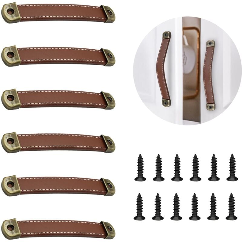 Set aus 6 Ledermöbelgriffen, Vintage-Khaki-Ledergriffe für Türen und Schubladen, ergonomisch und sicher für Schränke, Kleiderschränke und Kommoden.